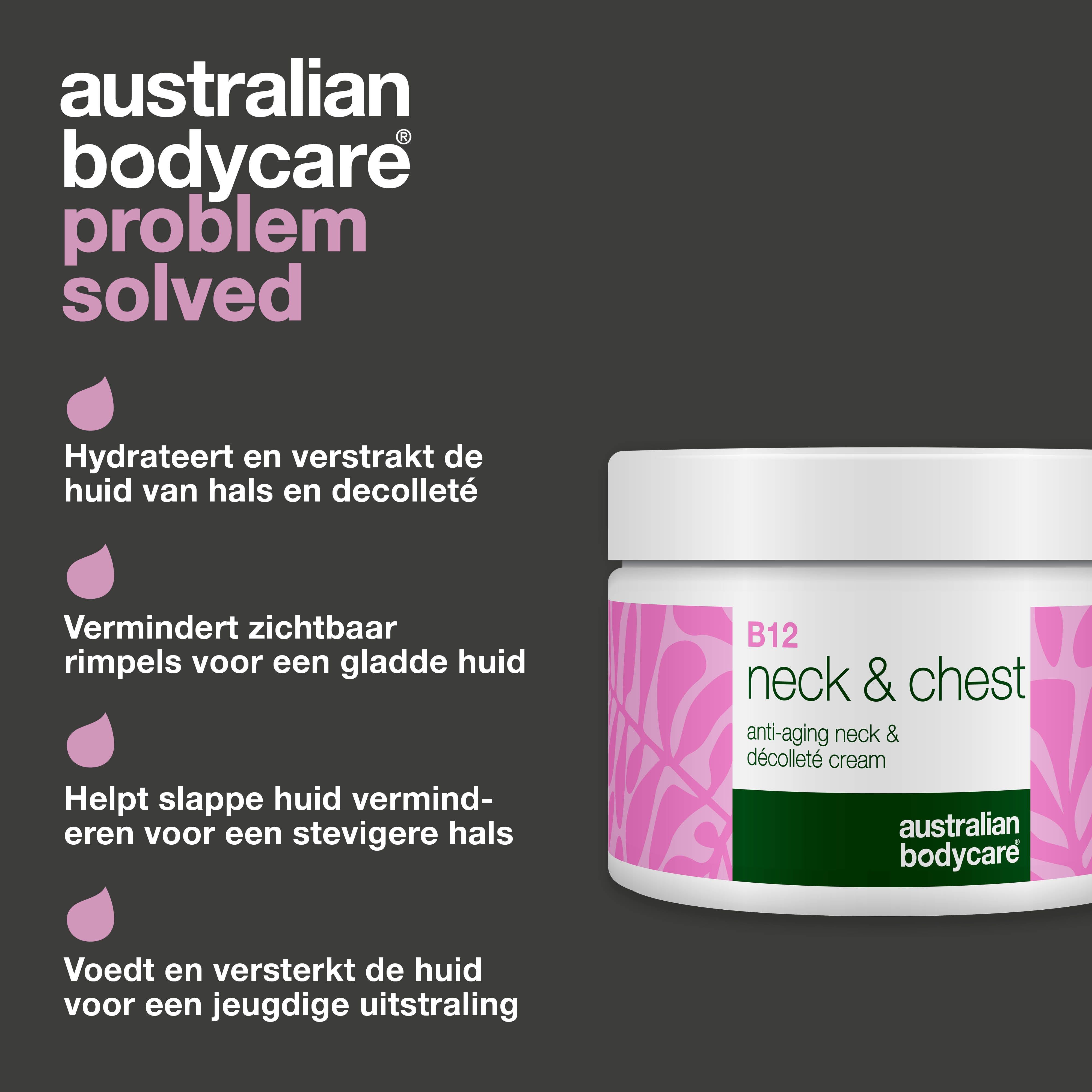 Crèmepot met tekst. Tekst: hydrateert, vermindert rimpels, verstevigt, voedt. Australian Bodycare.
