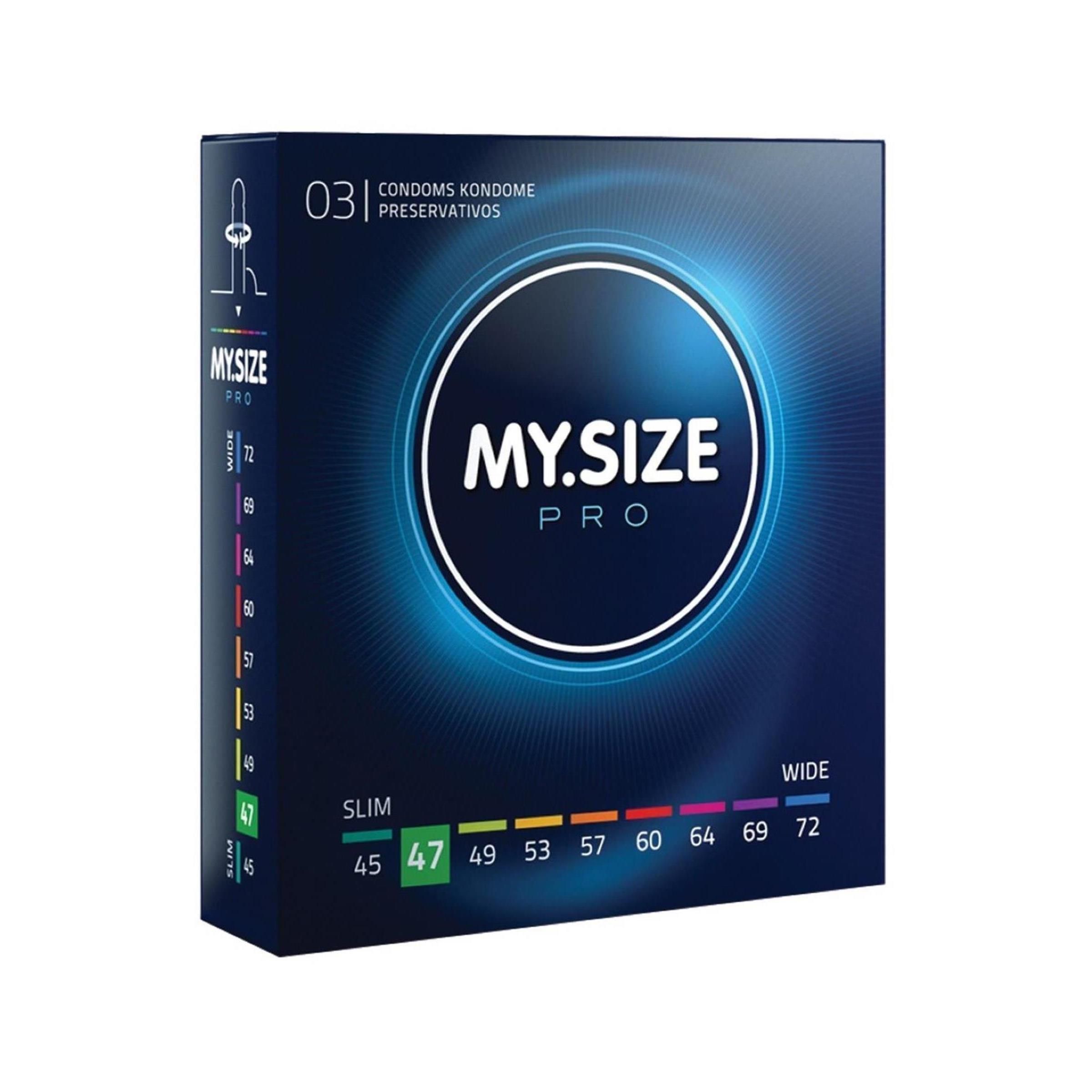 Verpakking van MY.SIZE PRO condooms. Maten van 45 tot 72 mm. Kleurmarkeringen voor verschillende maten.