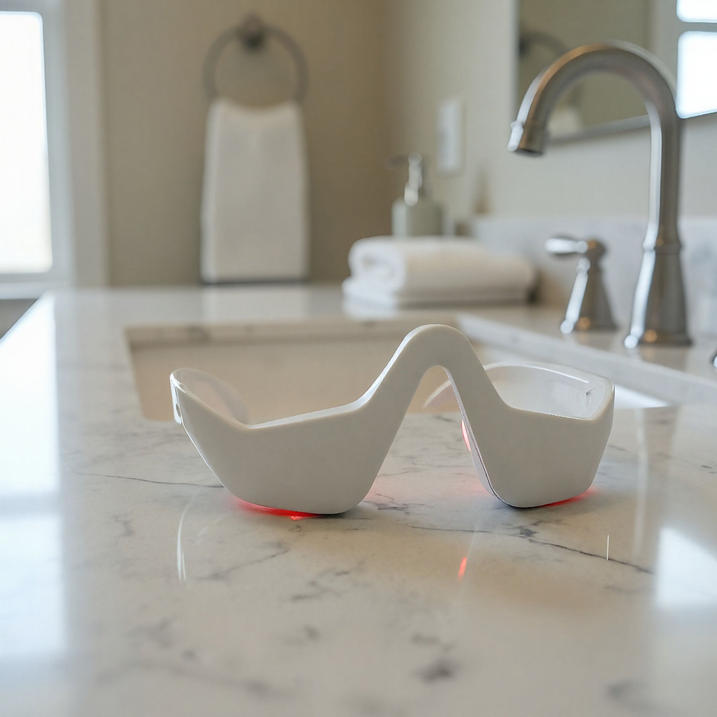 Appareil blanc pour les yeux sur une surface en marbre. Lumière rouge visible. L'appareil a une forme incurvée.