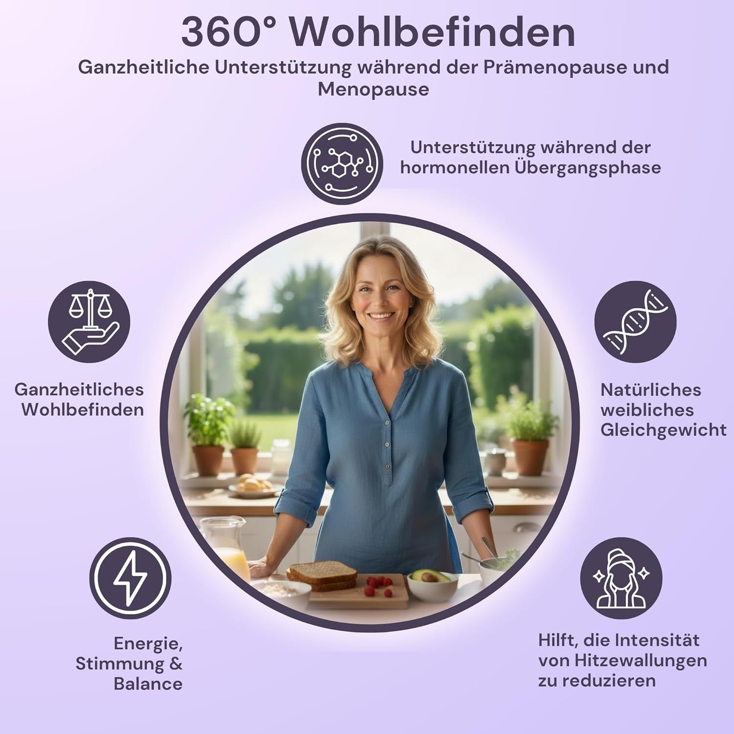Femme dans une cuisine, entourée de symboles de bien-être et de gélules QSTA FEM.
