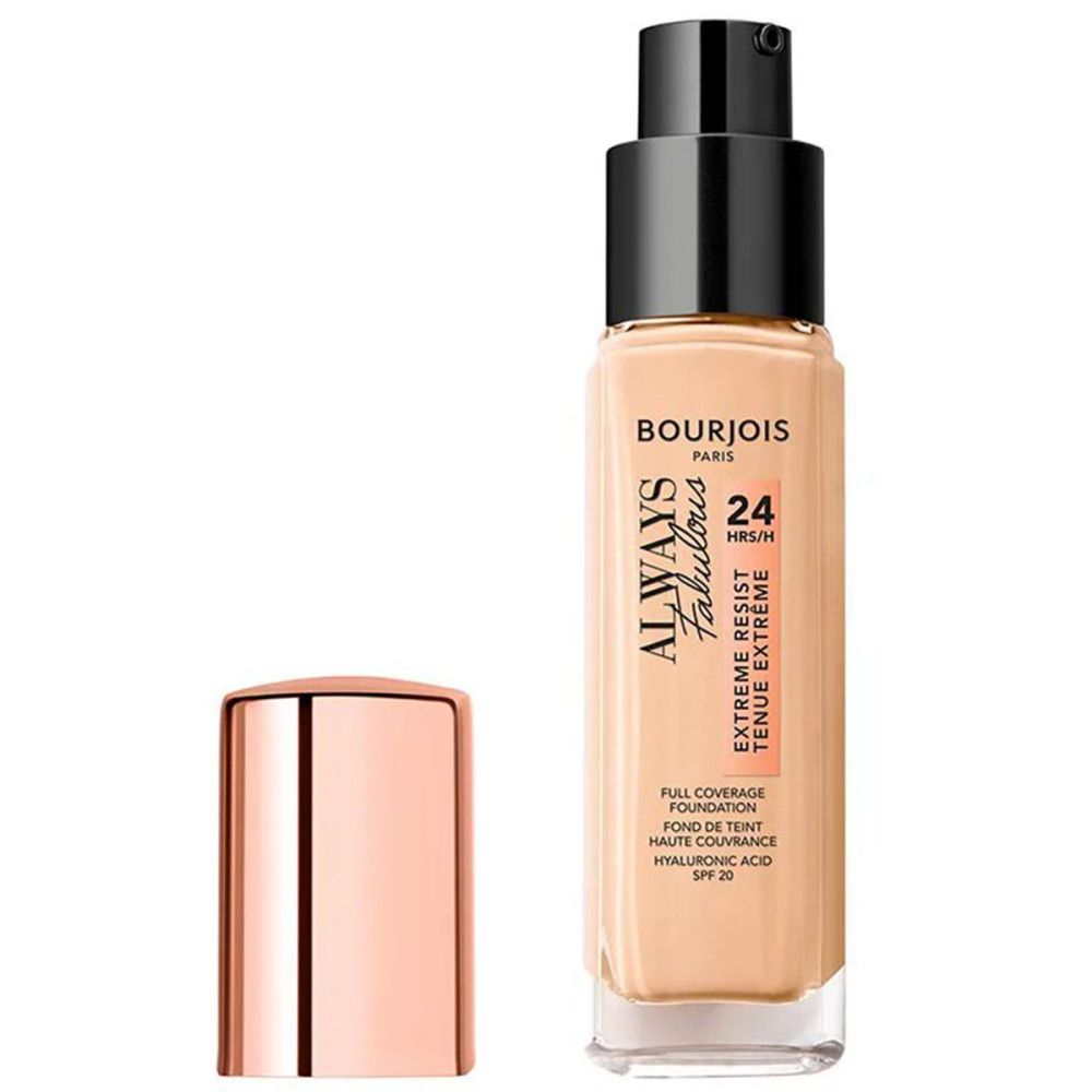 Bourjois Always Fabulous foundationflesje, open. Zwarte pomp, roségouden dop.