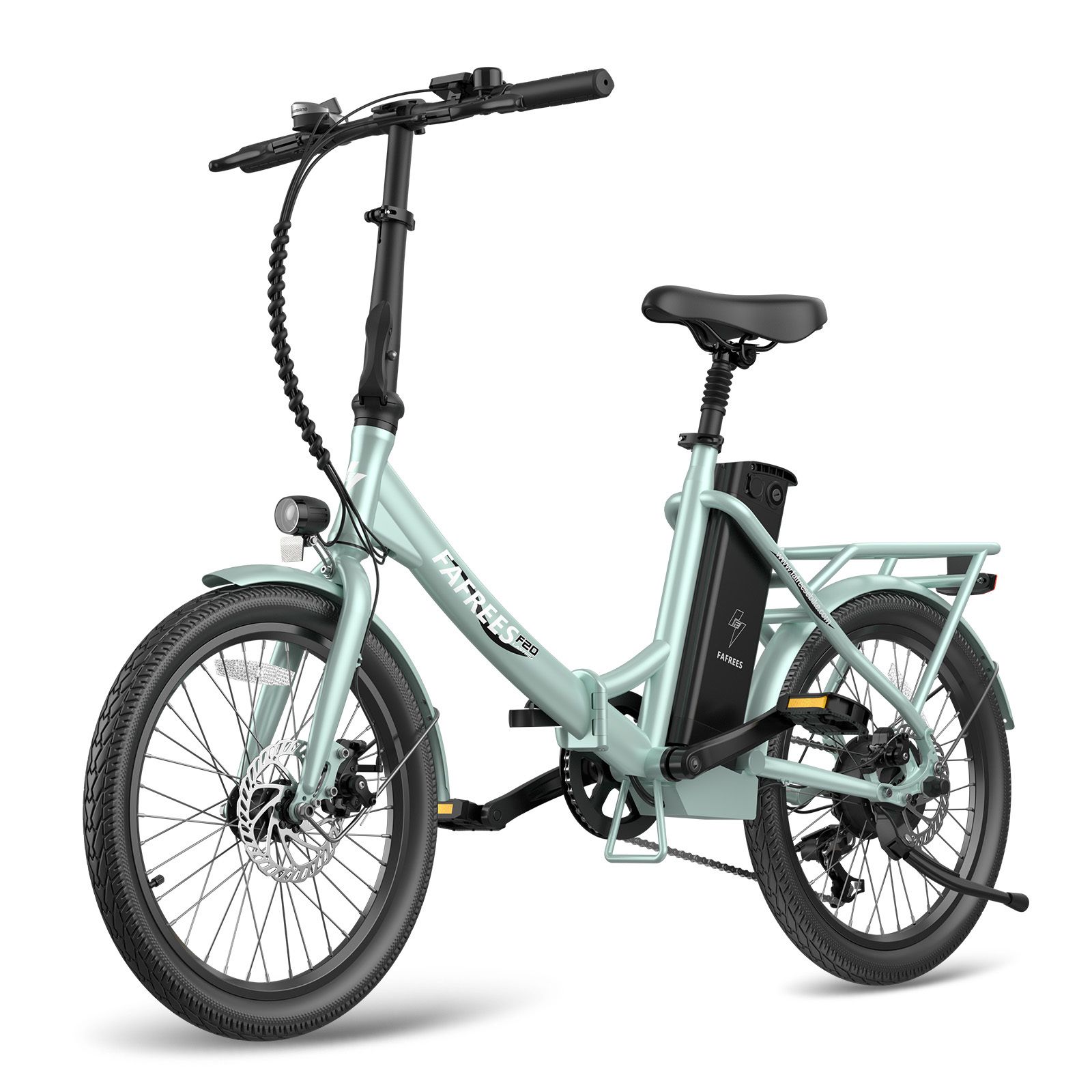 Vélo électrique Fafrees F20 vert clair. Pneus, selle et guidon noirs. Batterie sur le cadre. Porte-bagages arrière.