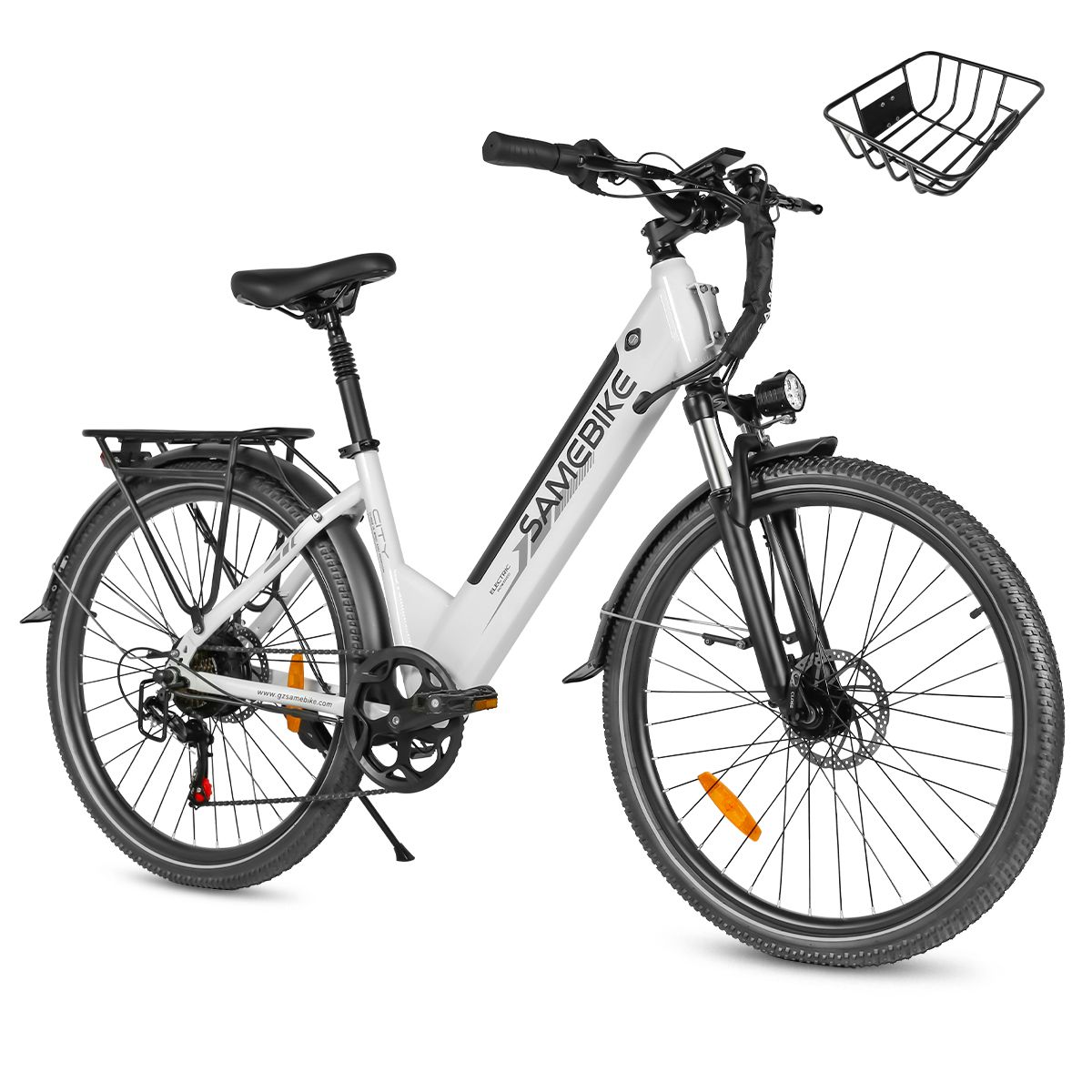 Vélo électrique blanc et noir, panier et porte-bagages. Marque SAMEBIKE. Feux avant et arrière.