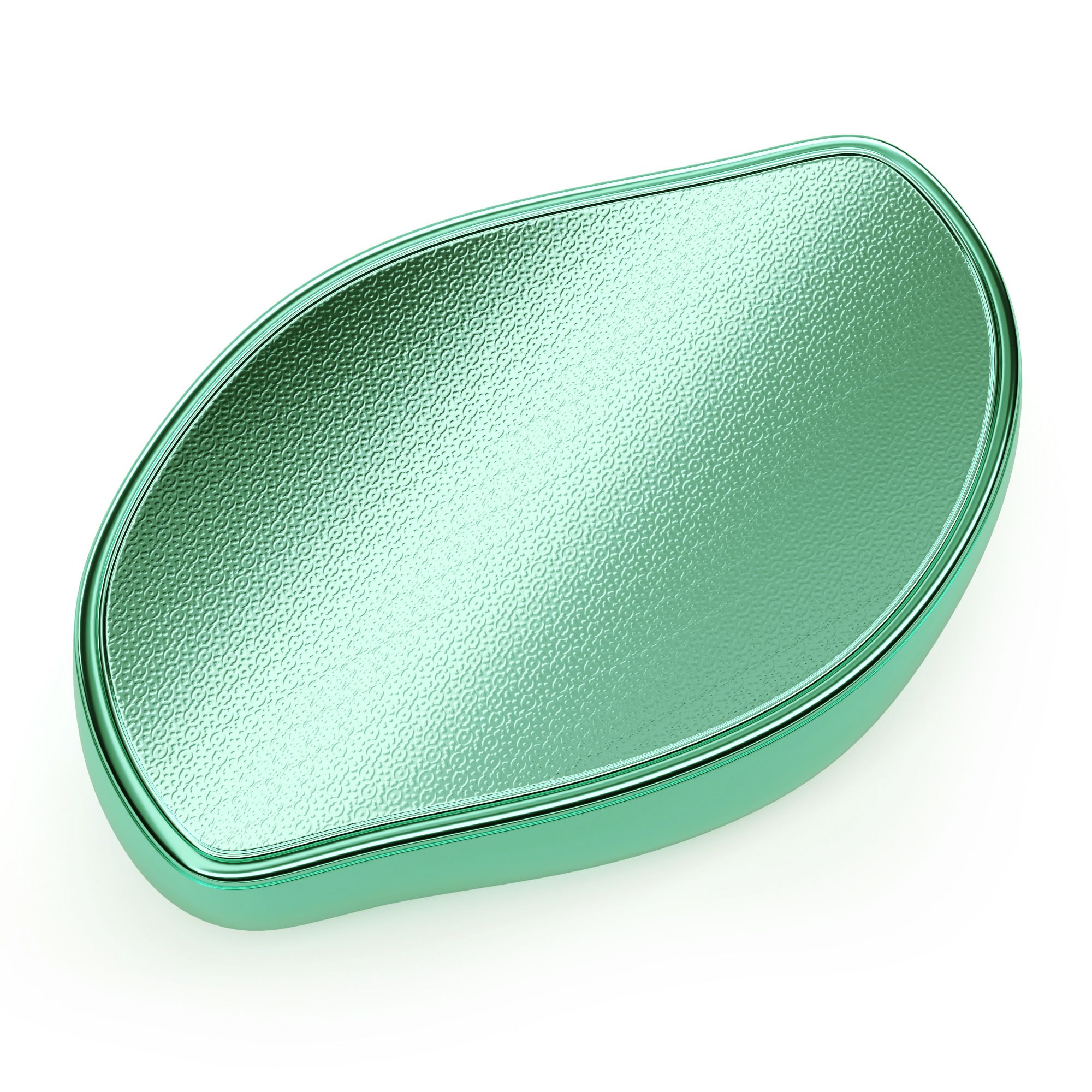 Appareil de soin des pieds ovale vert. Surface brillante avec texture striée et bordure.