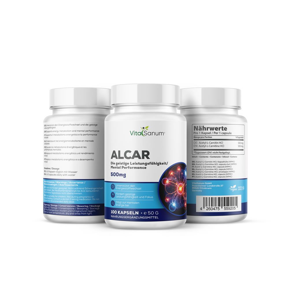 Drie witte flessen met capsules. Opschrift: VitaSanum, ALCAR, 500mg. Blauwe en rode grafiek. 100 capsules, 50 G. Voedingswaarden.