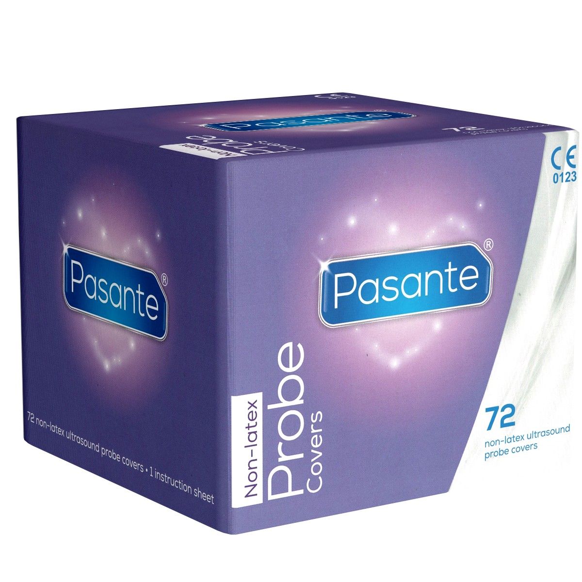 Boîte violette Pasante. Inscription : Non-latex Probe Covers. Contient 72 protections de sonde échographique non-latex. Marquage CE.