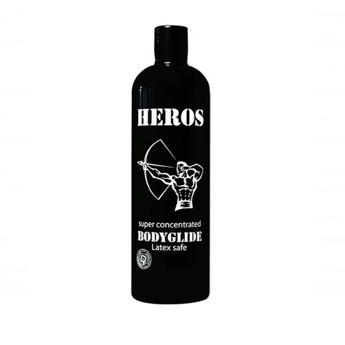 Bouteille noire avec logo "HEROS", "Bodyglide" et mention "Latex safe".