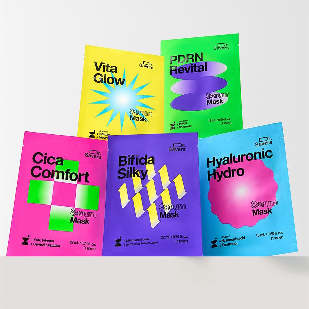 Cinq masques sérum IT'S SKIN Dr. Savers : Hyaluronic Hydro, Cica Comfort, Vita Glow, Bifida Silky, PDRN Revital.