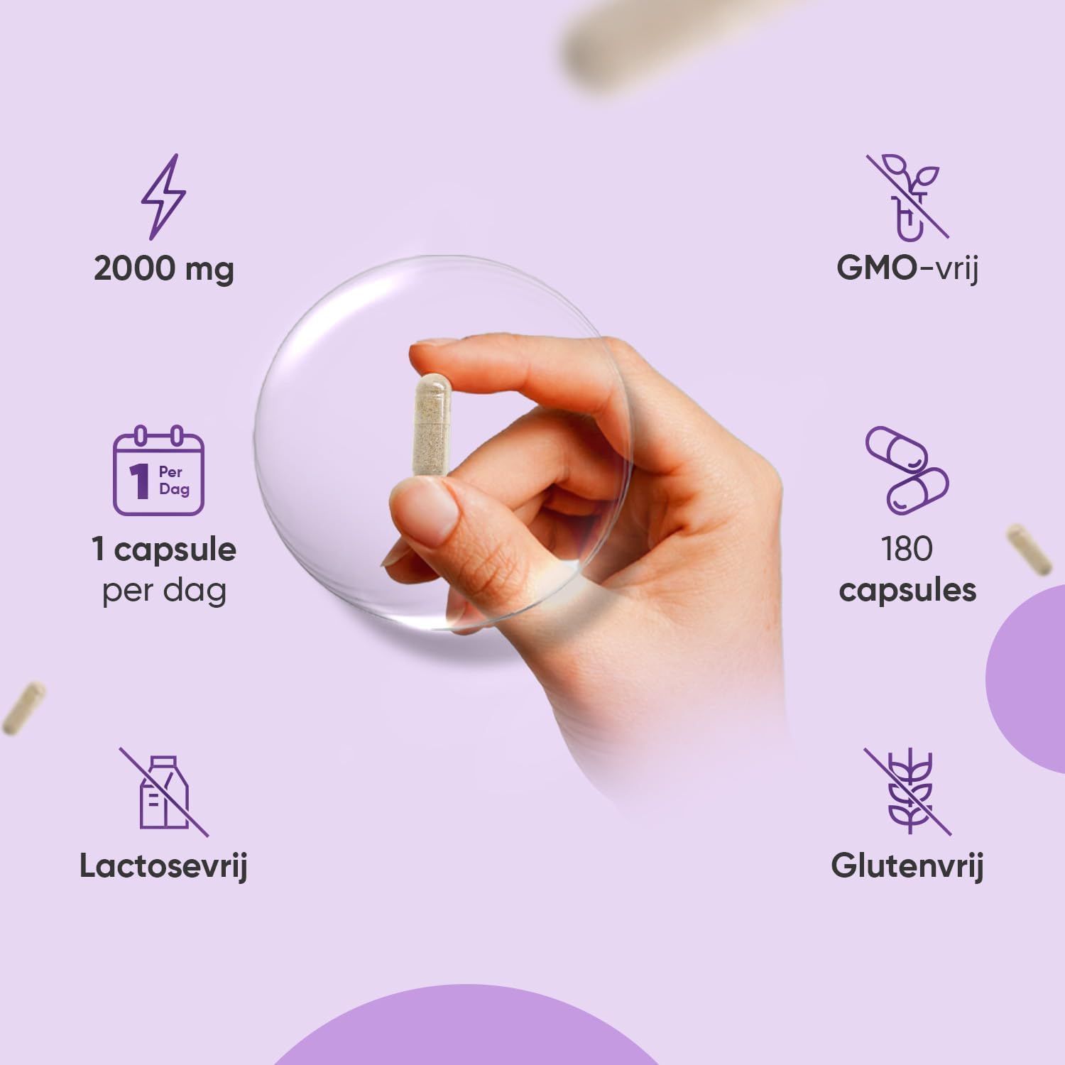 Een hand houdt een beige capsule vast. Informatie: 2000 mg, 1 capsule per dag, 180 capsules, GMO-vrij, lactosevrij, glutenvrij.