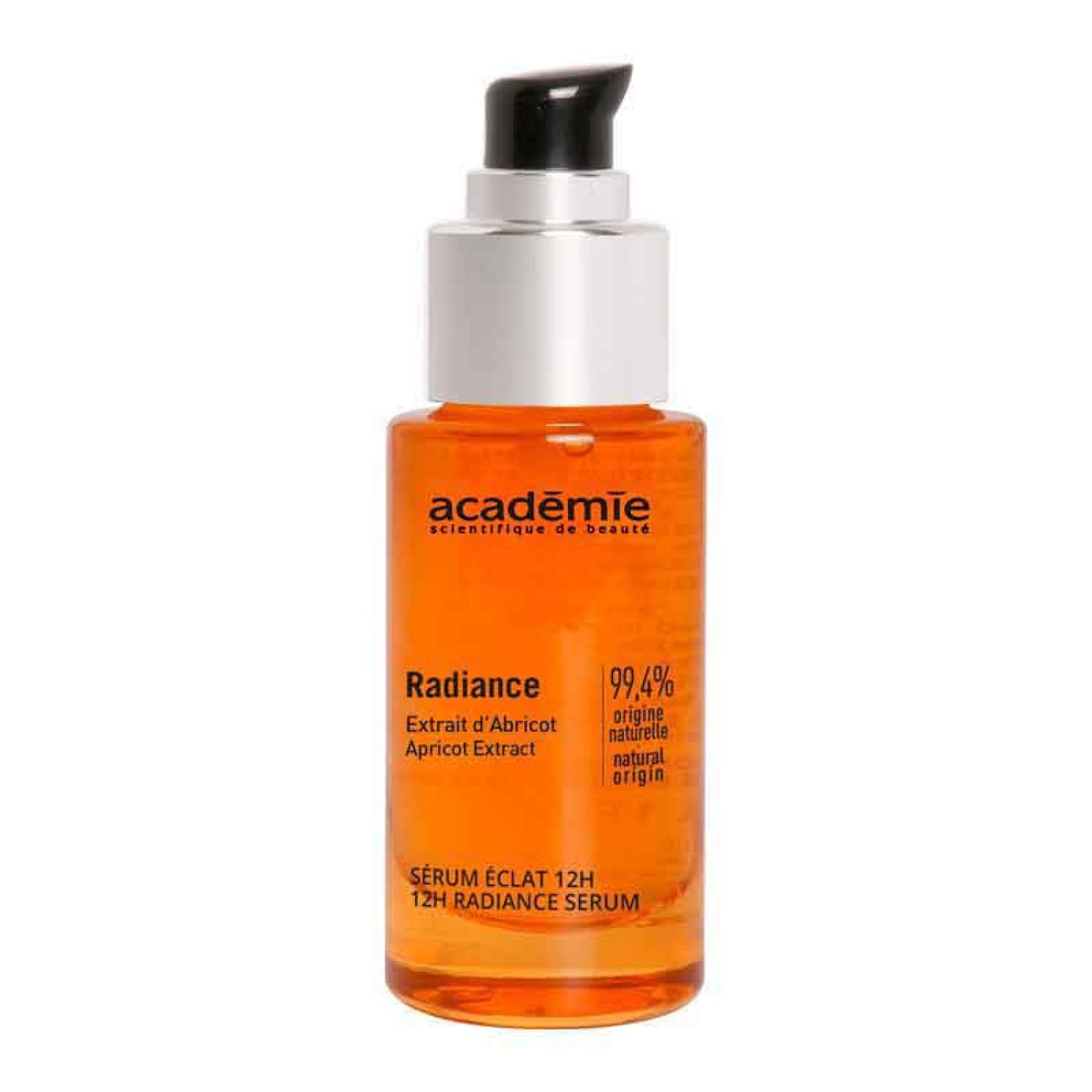 Flacon orange de sérum Académie Radiance avec pompe noire. Inscriptions: Radiance, Extrait d'Abricot, 99,4% origine naturelle, Sérum Éclat 12H.