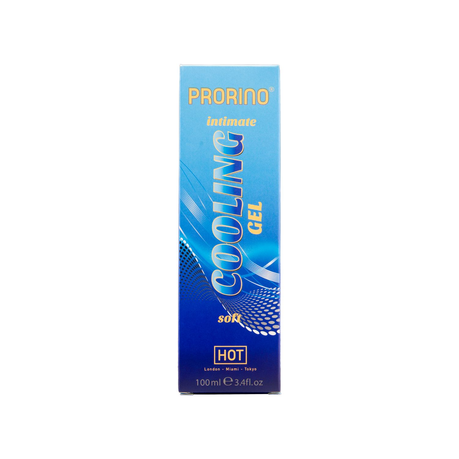 Emballage bleu et blanc. Inscription : PRORINO intimate COOLING GEL soft. 100ml. Mention : HOT.