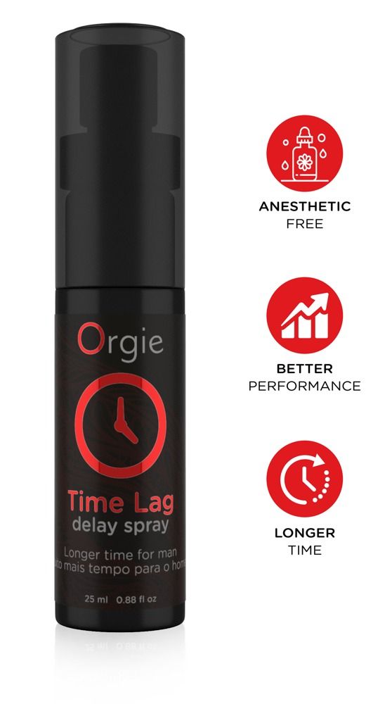 Flacon pulvérisateur noir avec logo et texte rouges. Nom du produit : Time Lag delay spray. Marque : Orgie. 25 ml. Avec icônes.