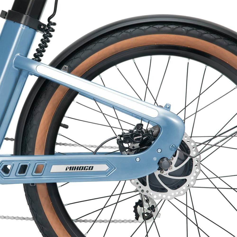 Roue arrière de vélo électrique bleue avec pneu marron. Frein à disque et logo MIHOGO. Rayons noirs.
