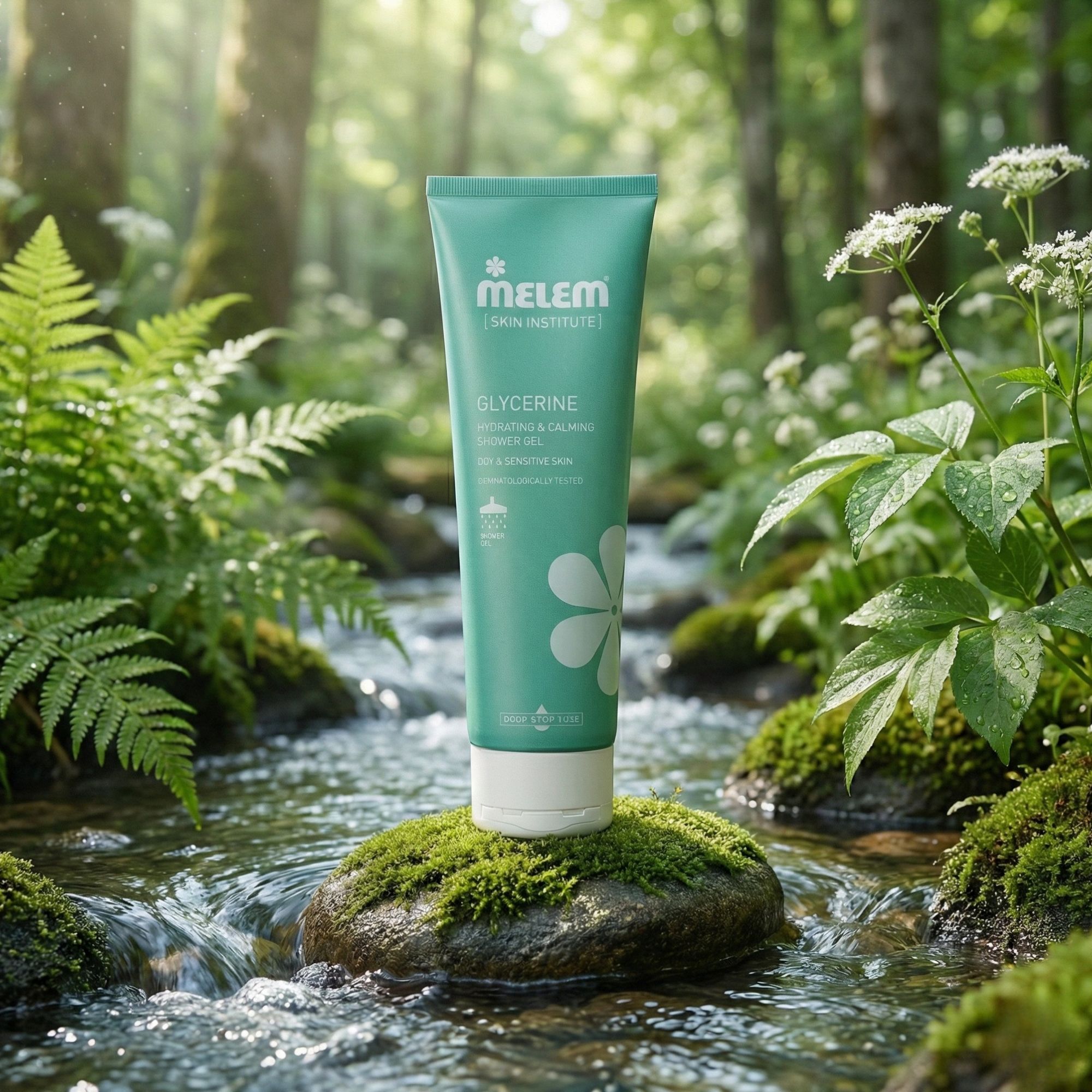 Tube turquoise avec bouchon blanc. Inscription : Melem, Glycerine, Hydrating & Calming Shower Gel. Posée sur une pierre dans un ruisseau.