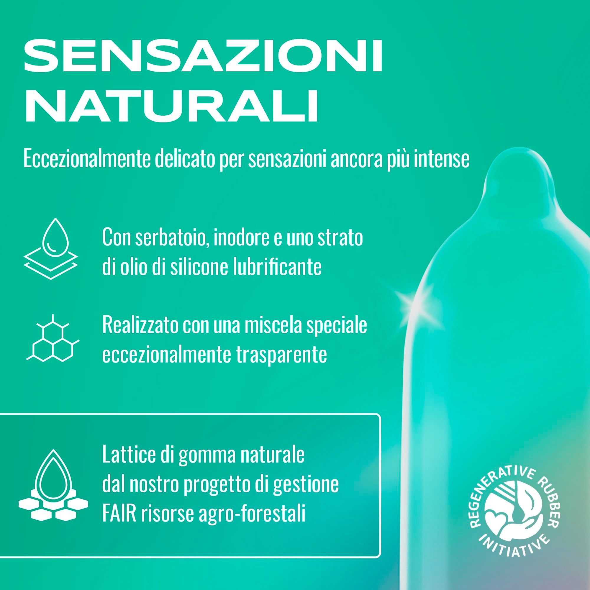 Boîte de préservatifs ONsize avec informations sur les sensations naturelles et le matériau.