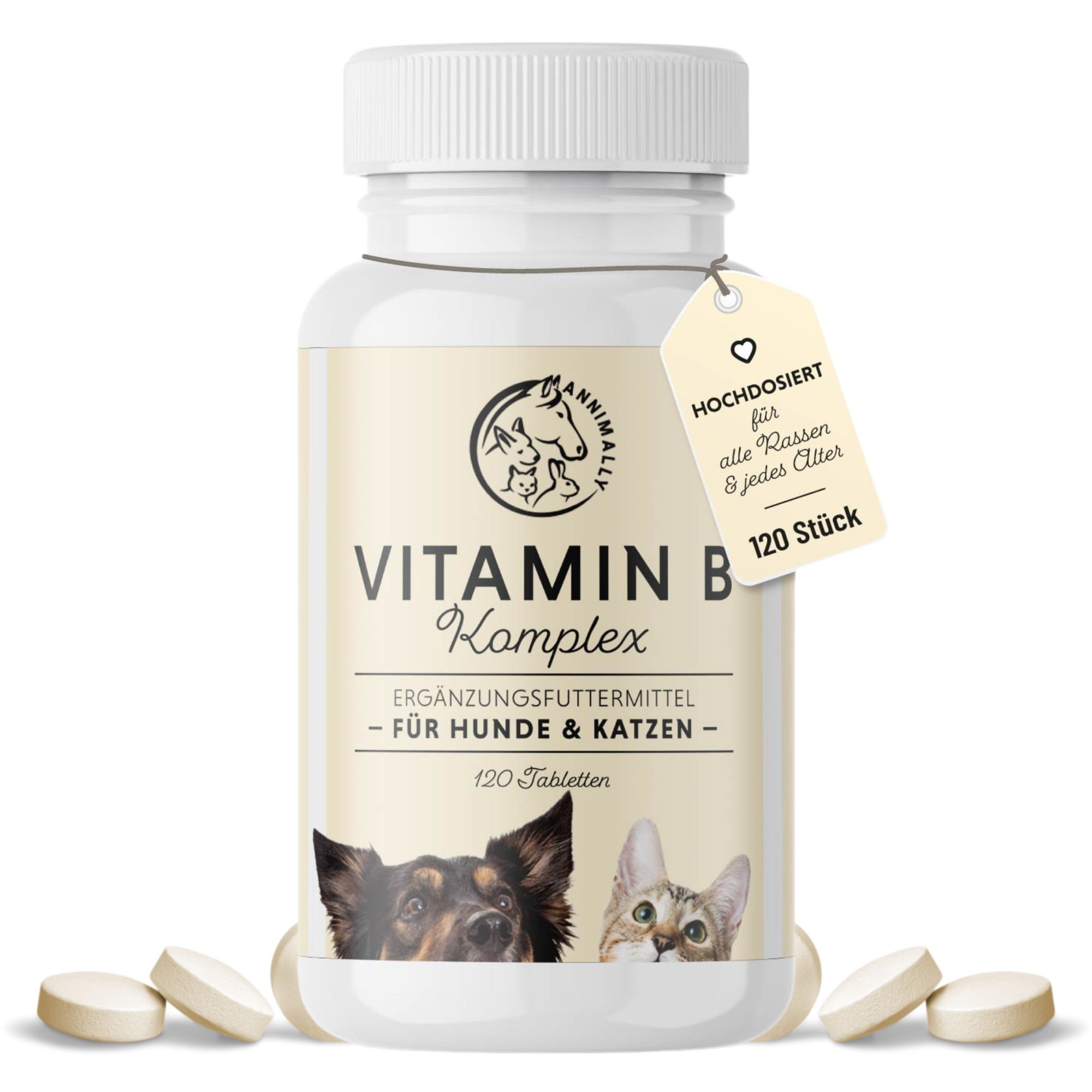 Flacon blanc de comprimés de vitamine B Komplex pour chiens et chats. 120 pièces. Étiquette avec texte.