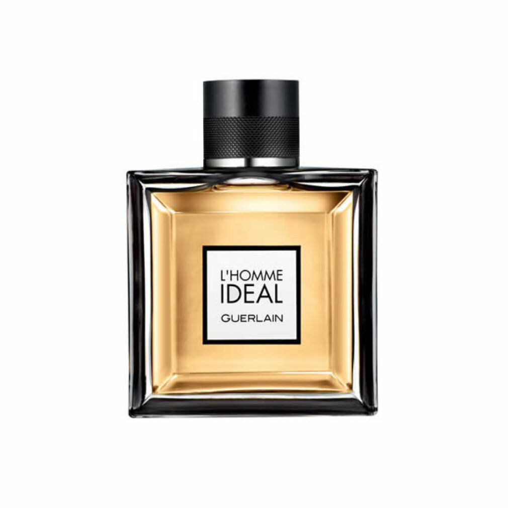 Guerlain L'Homme Idéal Eau de Toilette fles. Rechthoekige fles met zwarte dop. Label met tekst.