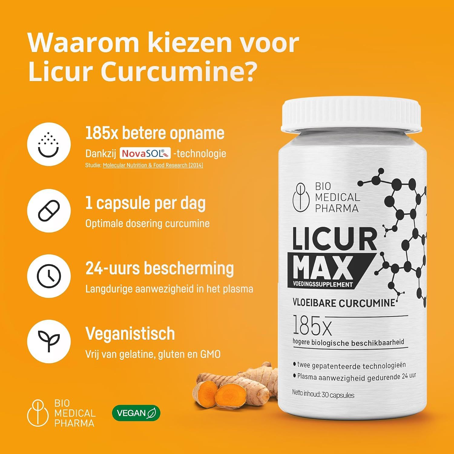 Fles Licur Curcumine met 30 capsules, Bio Medical Pharma. Bevat curcumine met 185x betere opname.