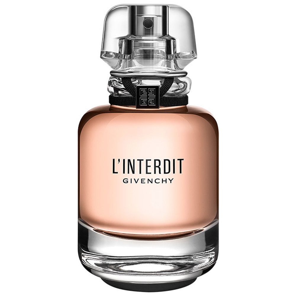 Flacon de parfum avec contenu rose, bouchon transparent. Ruban noir autour du col. Texte noir : L'Interdit Givenchy.
