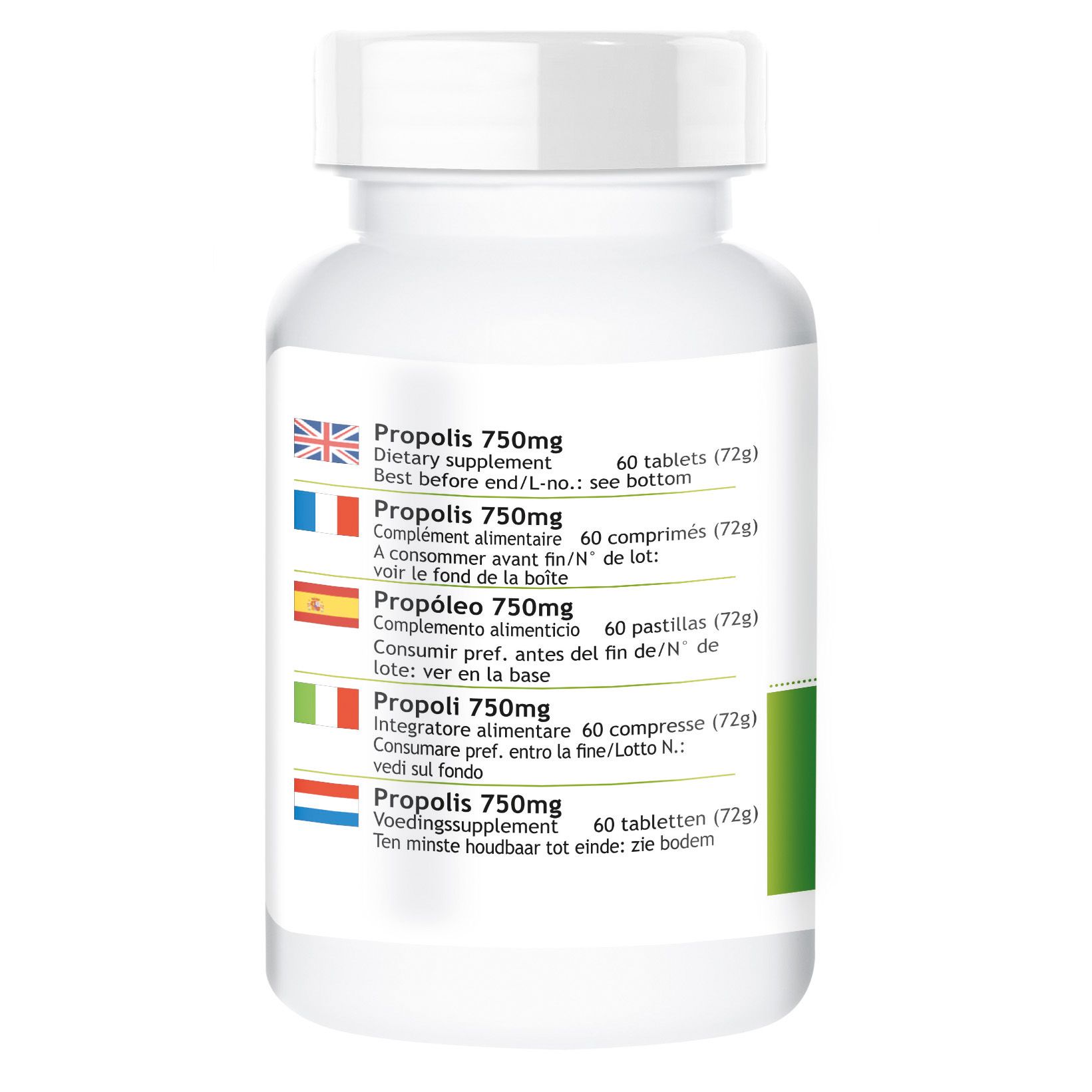 Achterkant van de tablettenfles. Meertalige informatie over "Propolis 750mg". 60 tabletten. Ten minste houdbaar tot. Gemaakt in Duitsland.