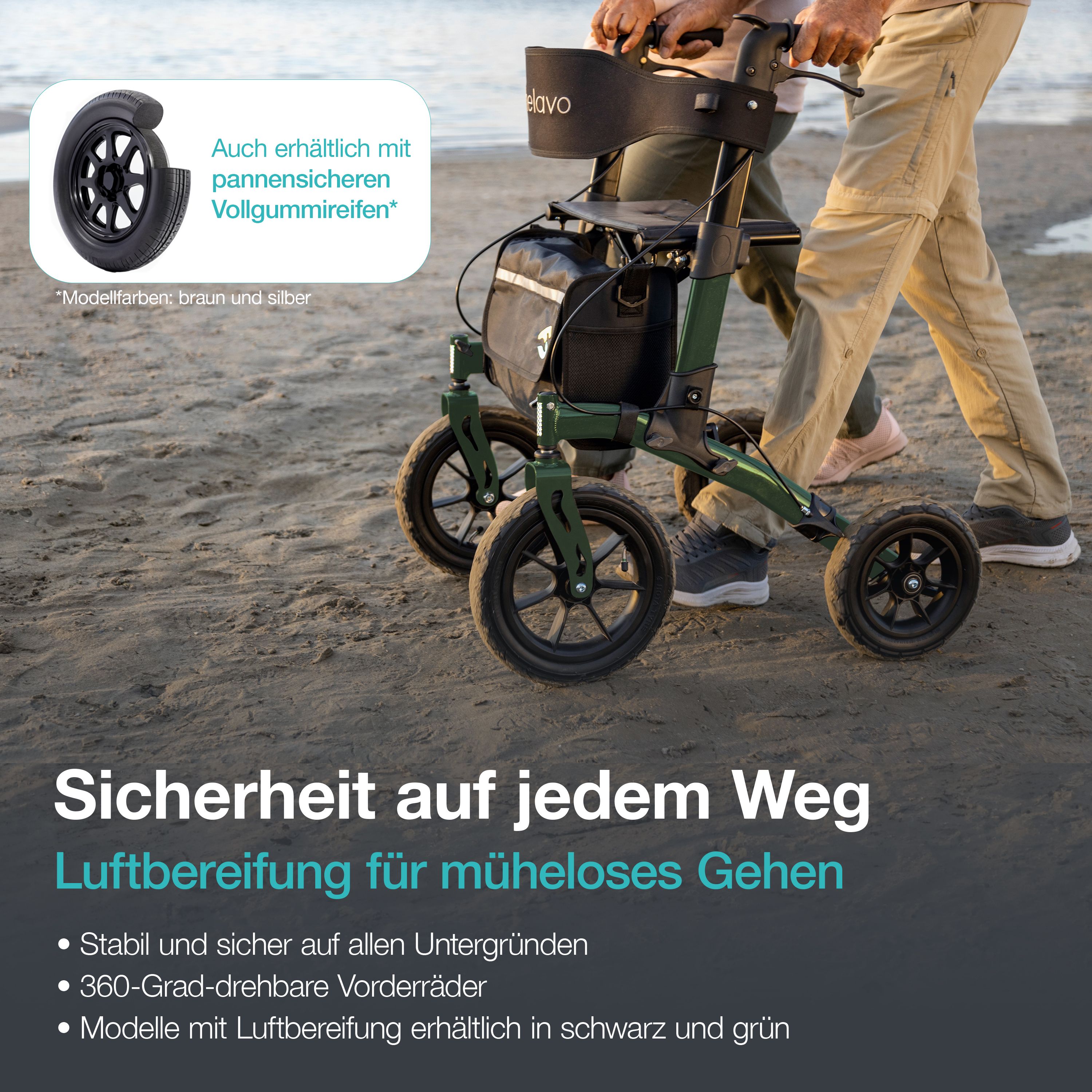 Rollator vert avec pneus à air sur sol sablonneux. Personne poussant le rollator sur la plage.