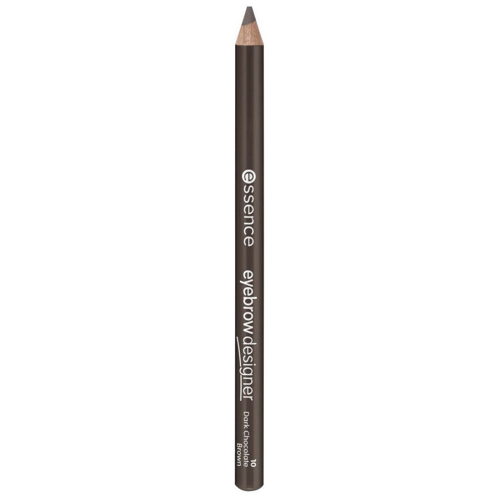 Crayon à sourcils Essence. Mine brun foncé, corps cylindrique. Nom du produit et teinte imprimés.