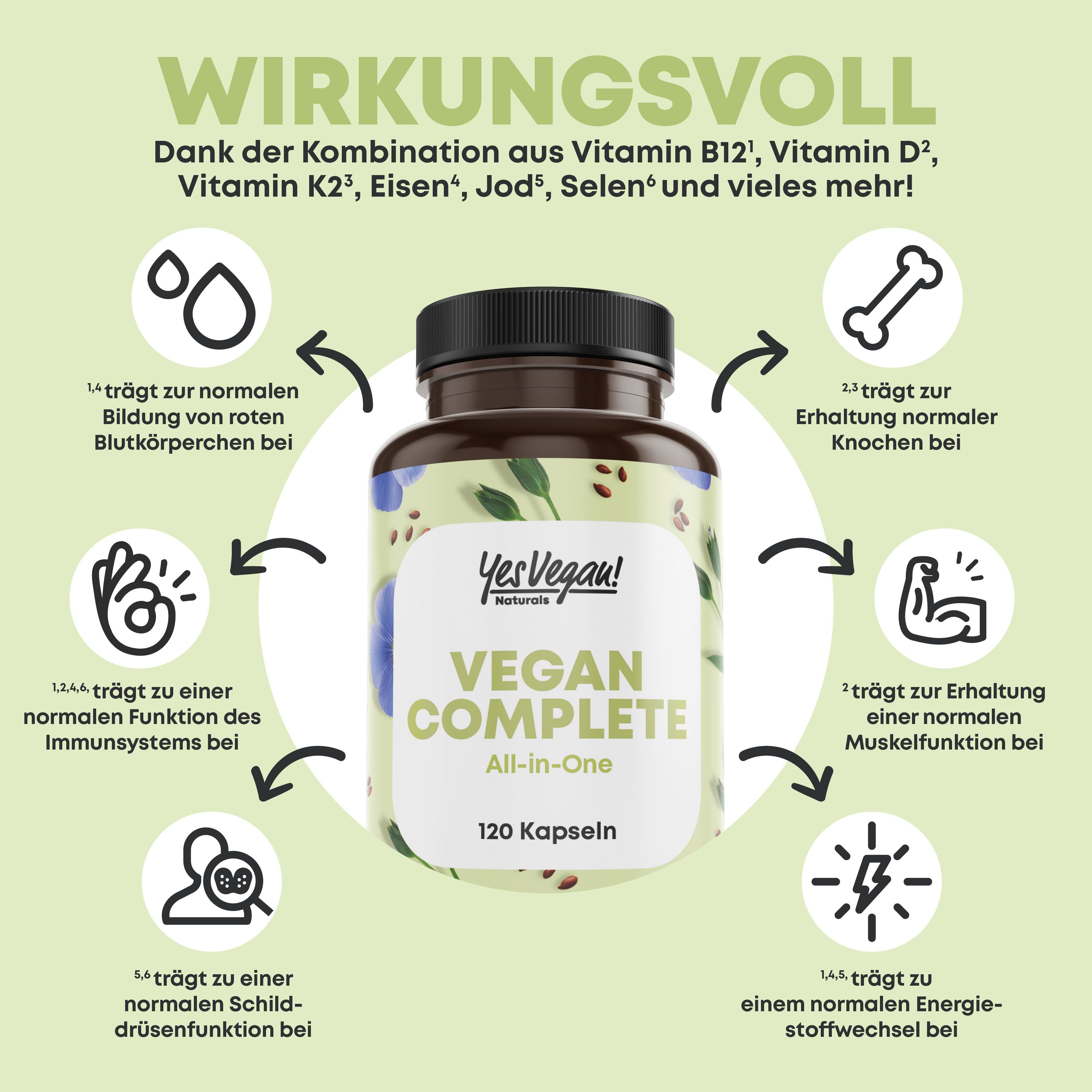 Bouteille Yes Vegan Vegan Complete All-in-One avec 120 gélules, entourée d'icônes représentant des bienfaits pour la santé.
