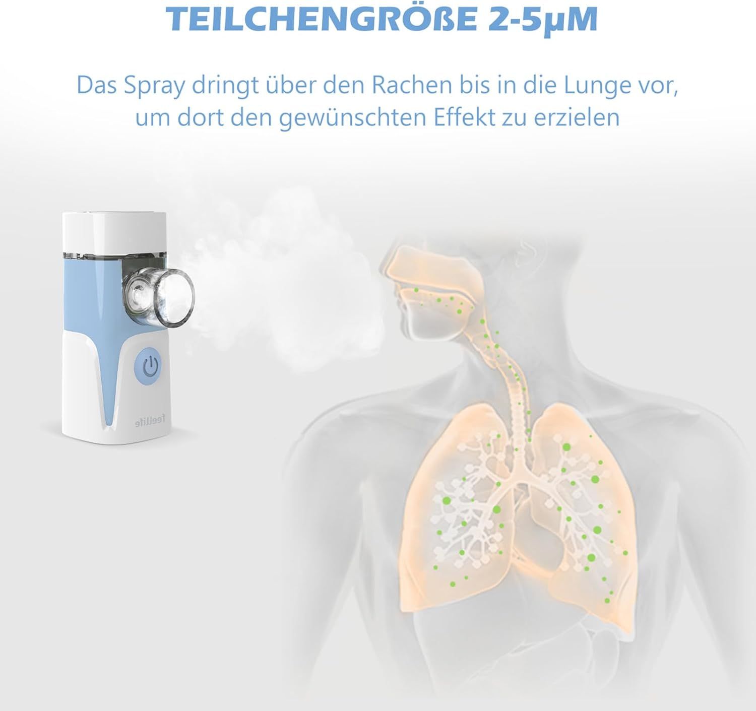 Nébuliseur avec brouillard et illustration des poumons. Texte : Taille des particules 2-5µm. Appareil bleu et blanc.