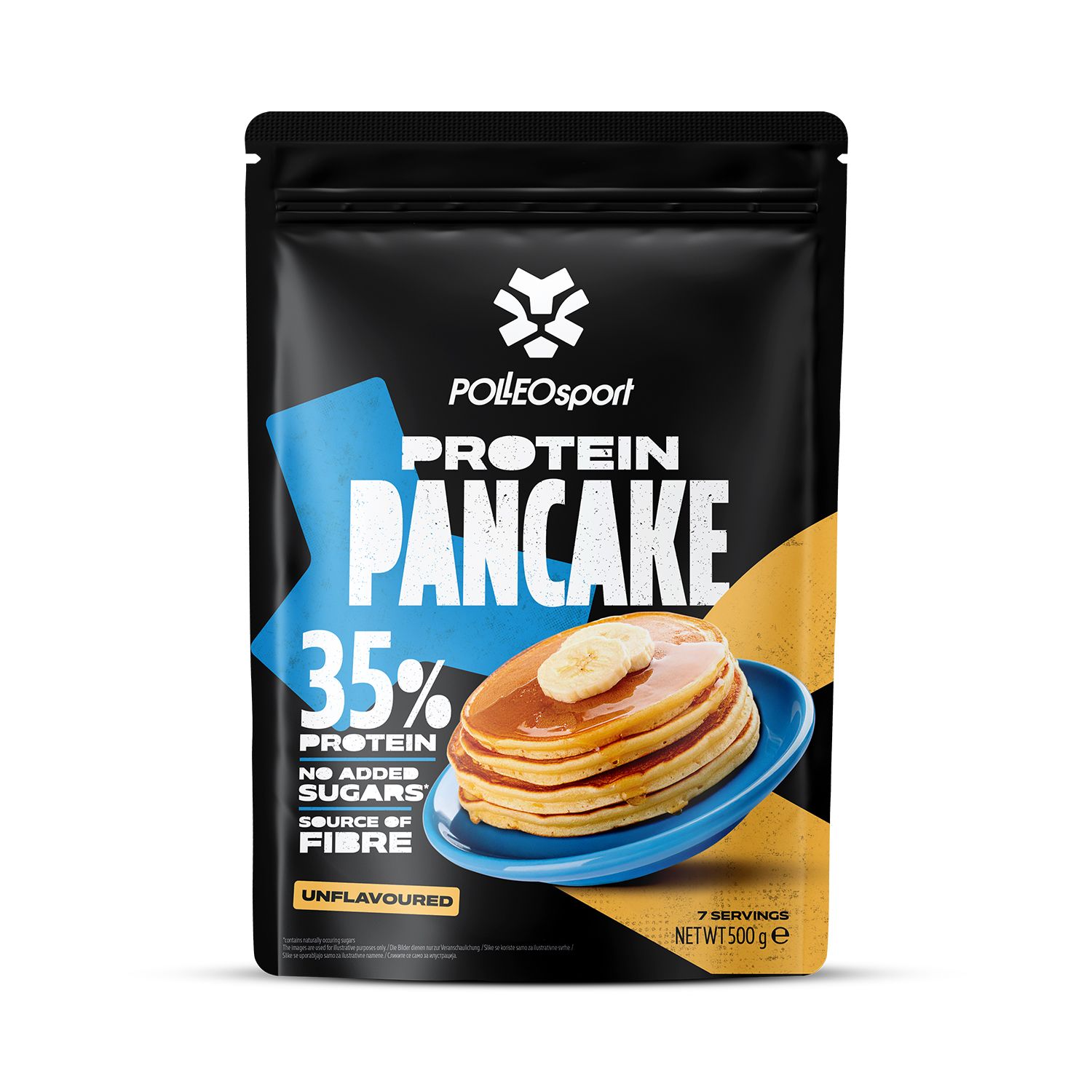 Polleo Sport Protein Pancake Mix. Zwarte verpakking met tekst: 35% eiwit, zonder toegevoegde suikers, bron van vezels, Unflavoured, 7 porties.
