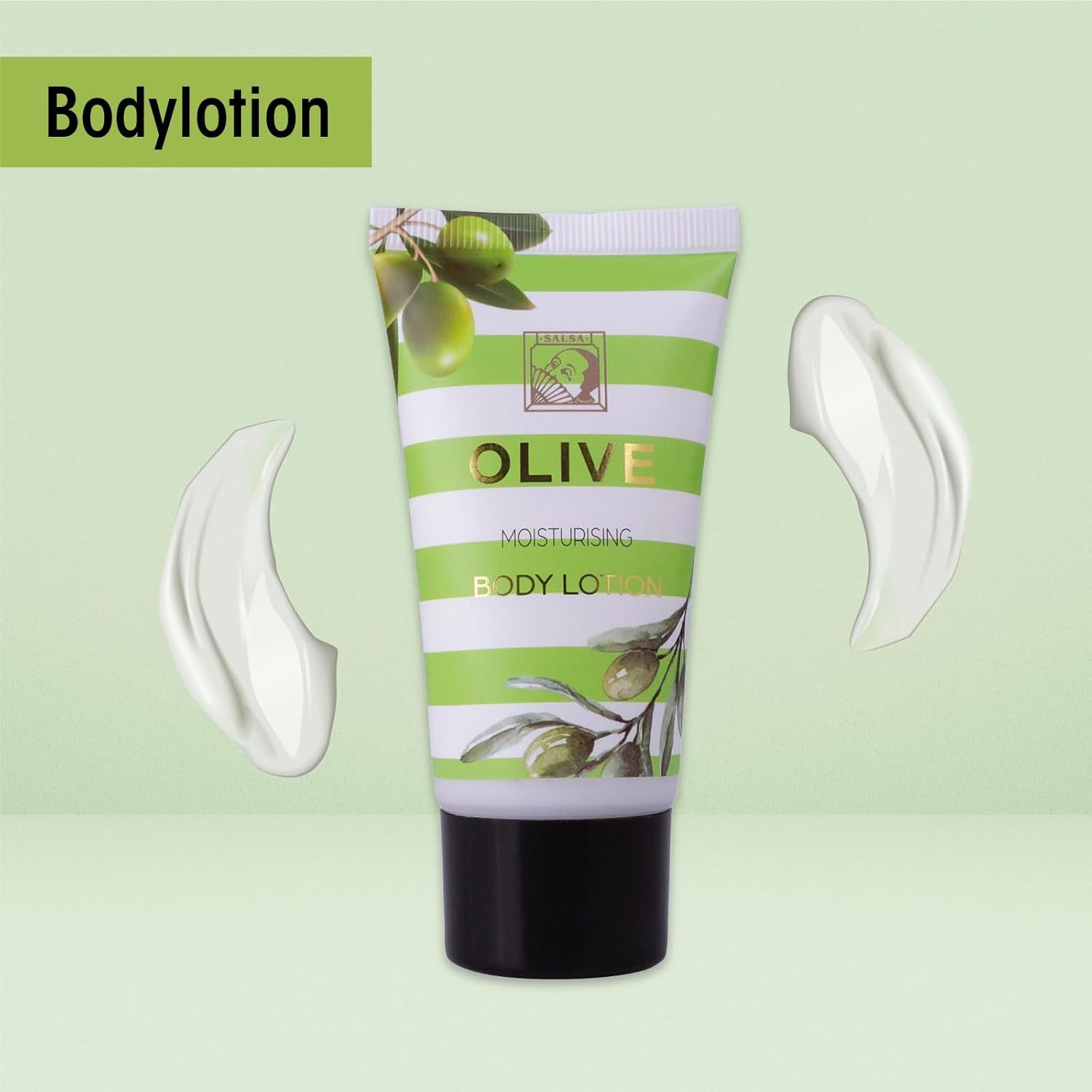 Tube de lotion pour le corps avec rayures vertes et motif d'olives. Bouchon noir. Inscription : OLIVE.