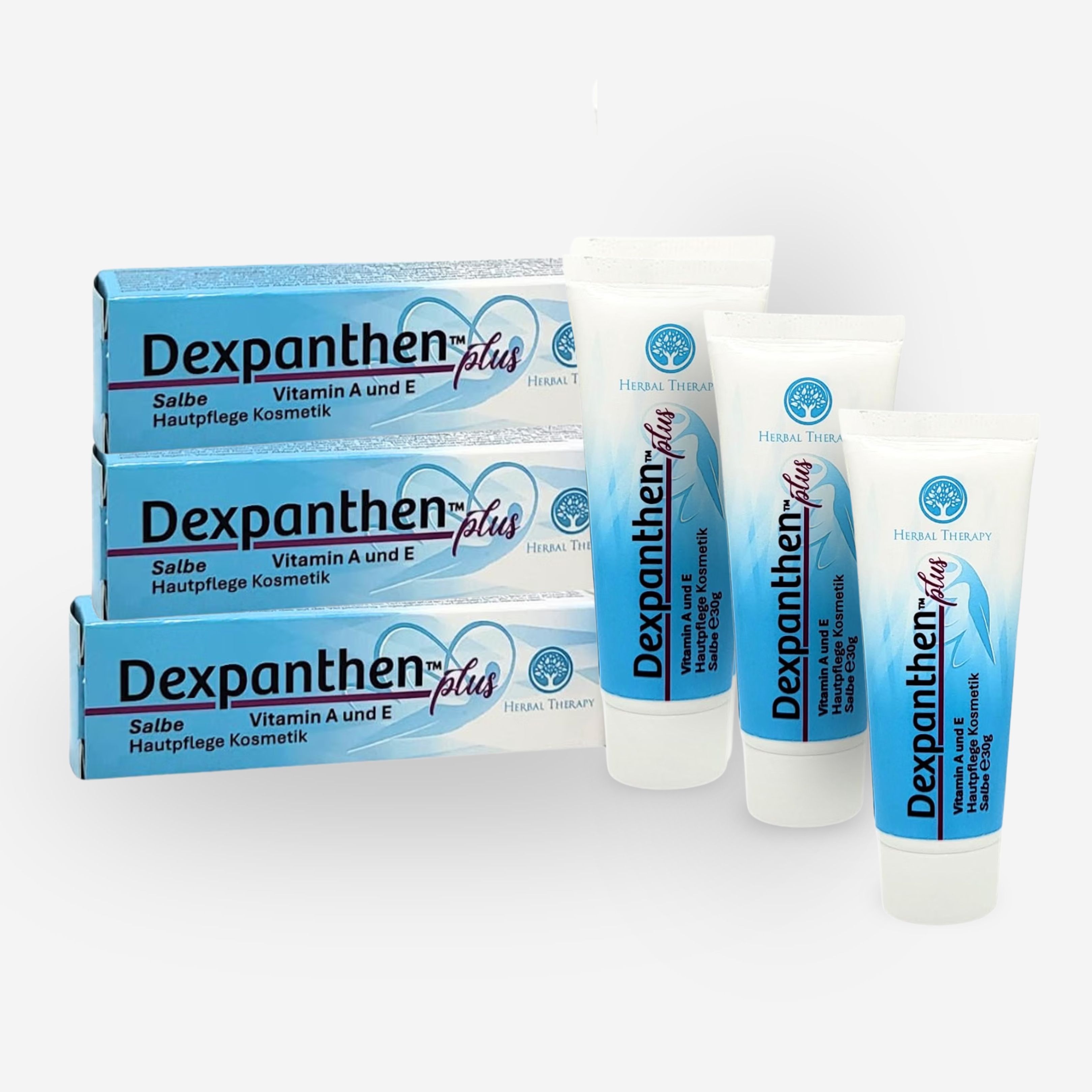 Trois boîtes Dexpanthenol Plus et quatre tubes Dexpanthenol Plus.