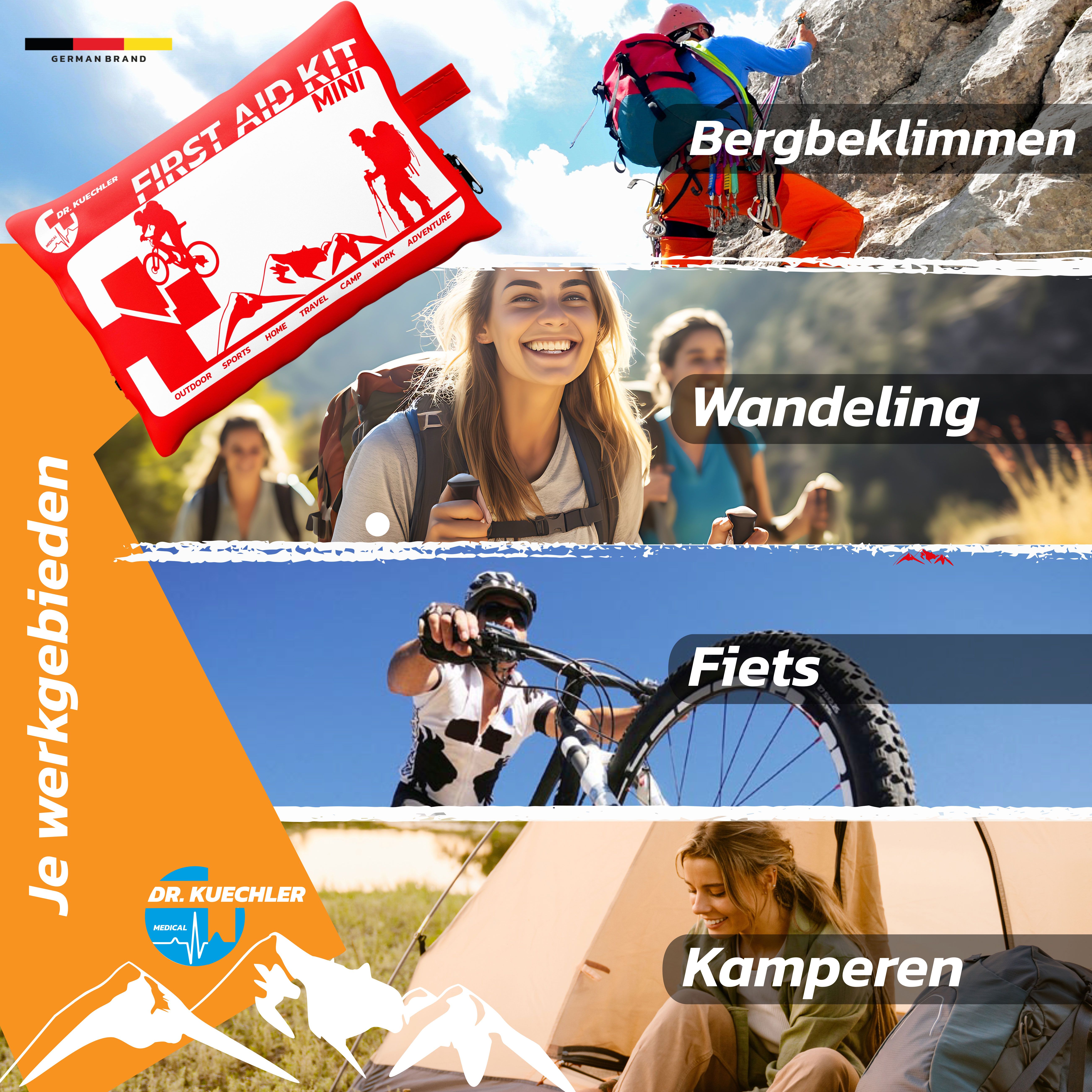 Rode EHBO-kit met opdruk: First Aid Kit Mini. Scènes: Bergbeklimmen, wandelen, fietsen, kamperen.