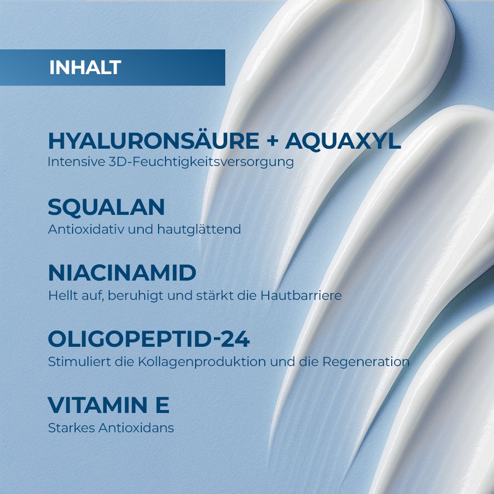 Gros plan sur des crèmes blanches. Texte : Acide hyaluronique + Aquaxyl, Squalane, Niacinamide, Oligopeptide-24, Vitamine E. Sur fond bleu.