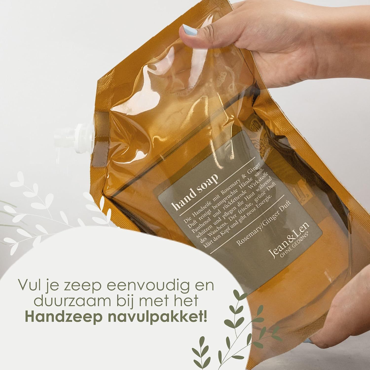 Navulpakket handzeep van Jean & Len in goudbruine verpakking, geur rozemarijn-gember.