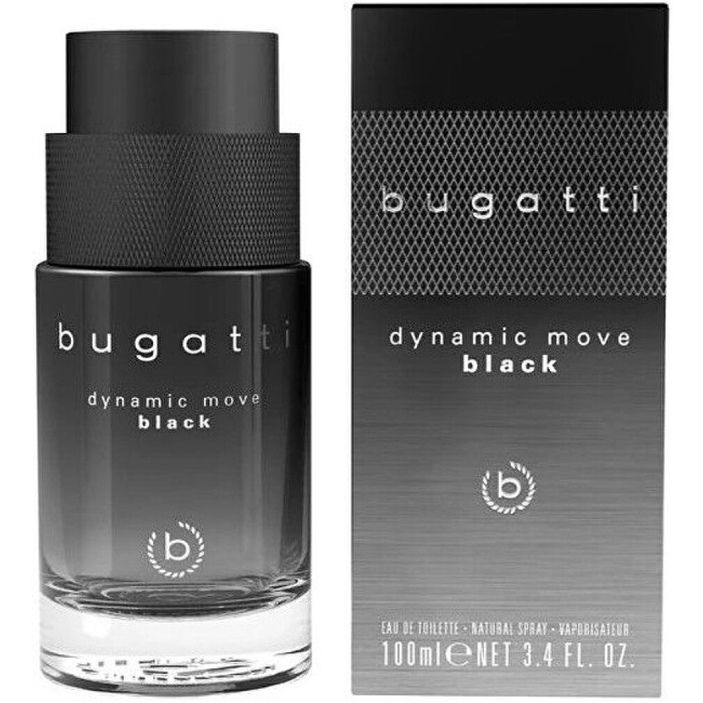 Flacon et emballage noirs bugatti Dynamic Move Black. Flacon avec bouchon noir, lettrage et logo.