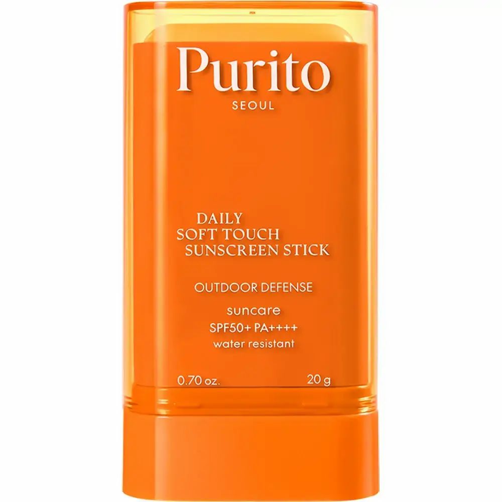 Stick de protection solaire orange. Texte: Purito, Daily Soft Touch Sunscreen Stick, SPF50+ PA++++, 0.70 oz, 20 g.