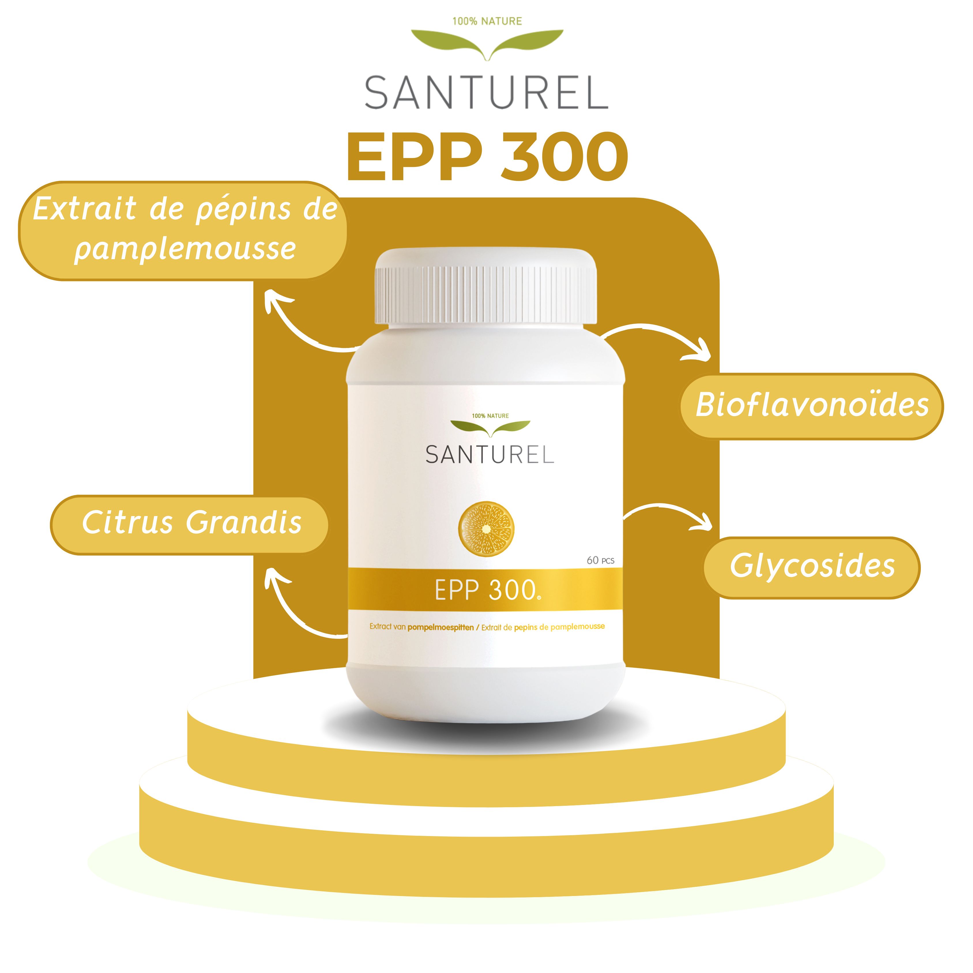 Flacon SANTUREL, EPP 300. Inscriptions: Extrait de pépins, Bioflavonoïdes, Glycosides, Citrus Grandis.