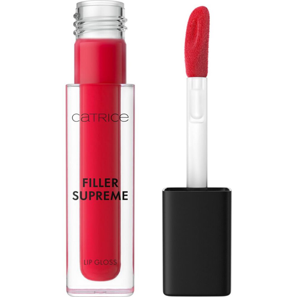 Catrice lipglossflesje met applicator. Rode kleur. Opschrift: Catrice, Filler Supreme, Lip Gloss.