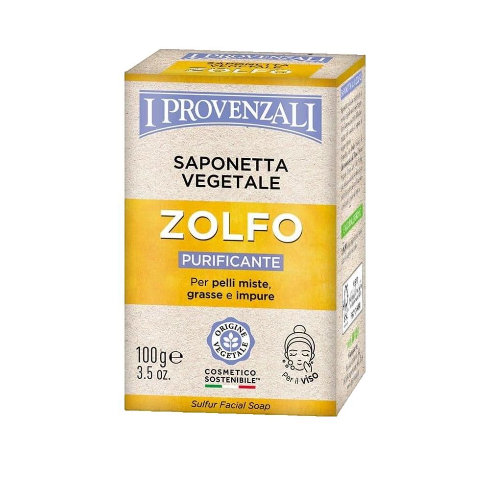 Savon jaune en boîte. Texte: Zolfo, purificante, 100g, Cosmetico Sostenibile. Pour peaux mixtes.