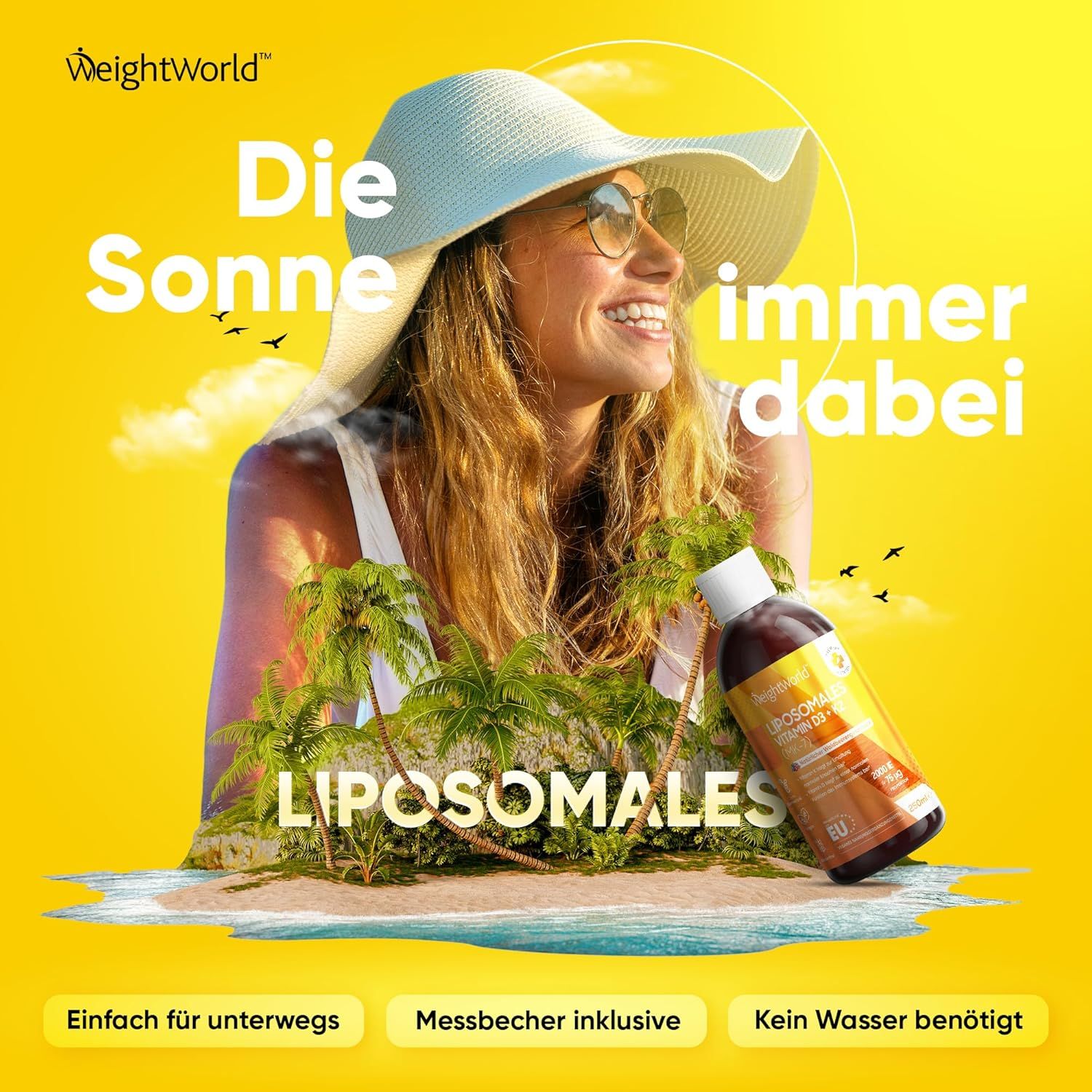 Fond jaune avec femme à la plage. Vitamine D3 liposomale. Facile à emporter. Doseur inclus. Pas besoin d'eau.