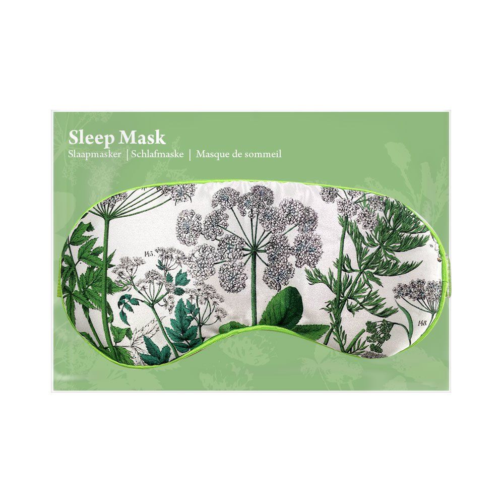 Slaapmasker Hortus Botanicus, bloemenprint, op verpakking. Tekst: Sleep Mask, Schlafmaske, Masque de sommeil.