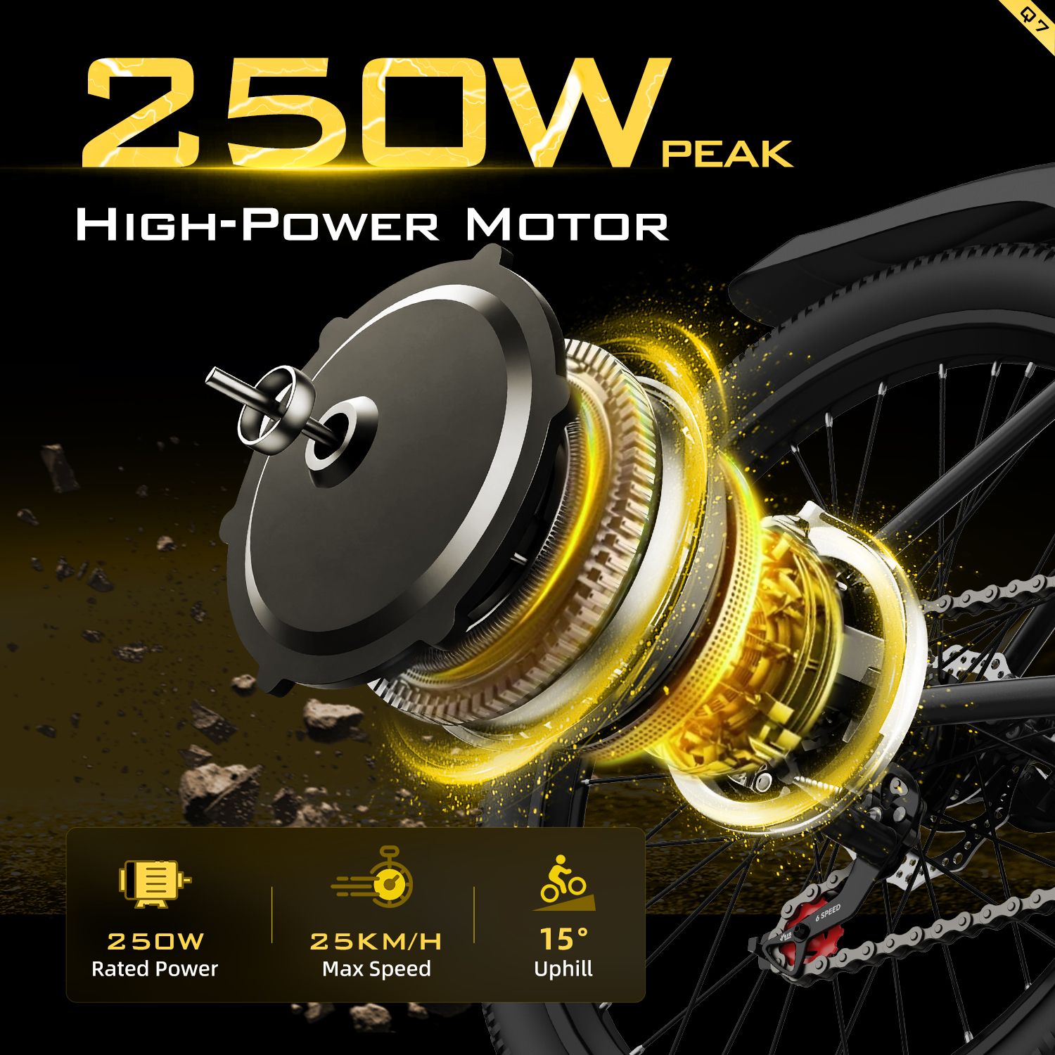 Moteur électrique de 250W. Détails sur la puissance, la vitesse et la capacité de montée. Boîtier noir.