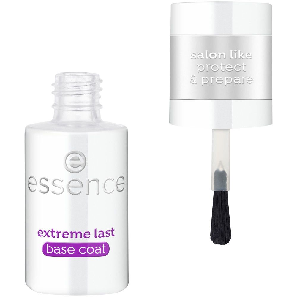 Essence Basislack Extreme Last, transparante fles met borstel. Opschrift: extreme last base coat.