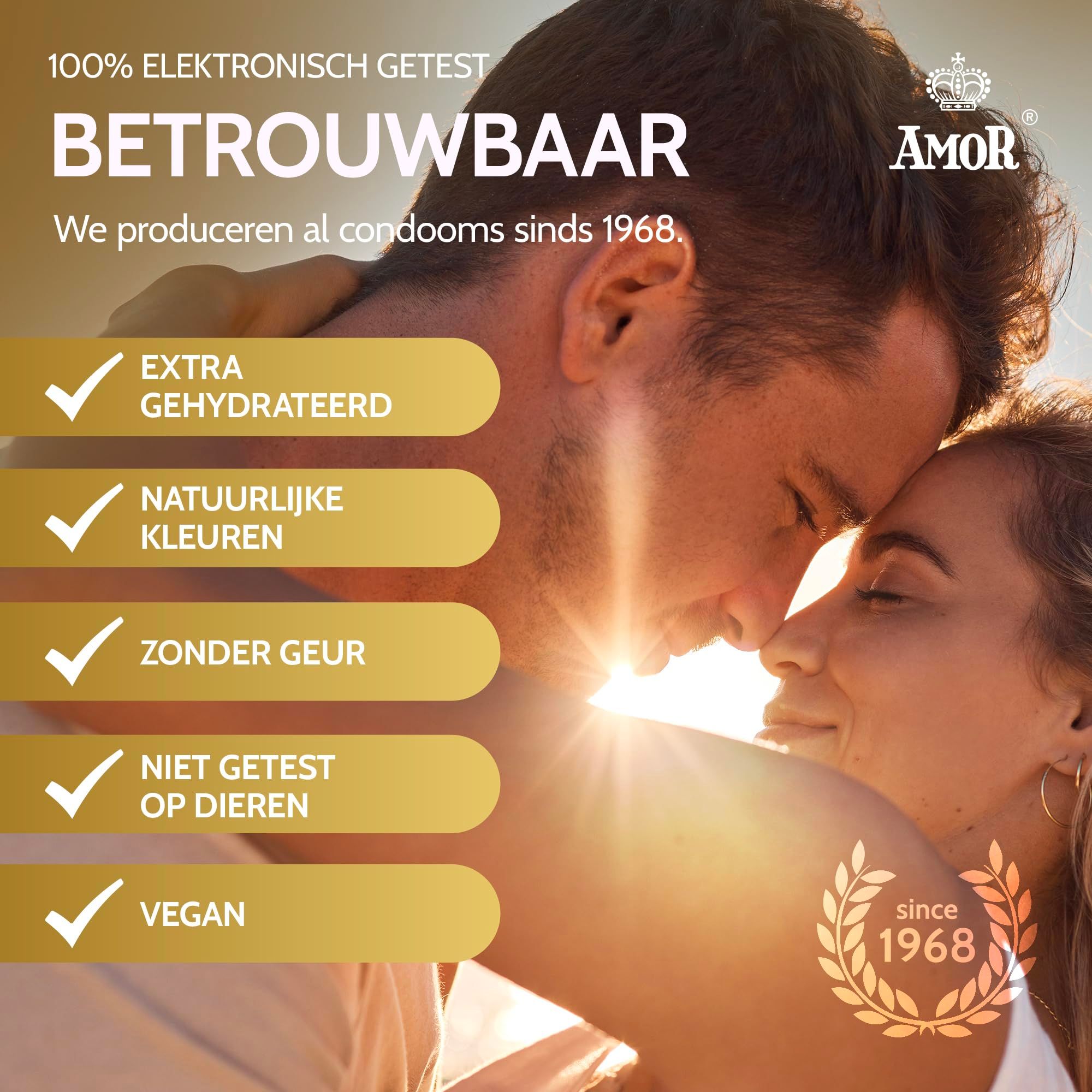 Amor condooms: extra gehydrateerd, natuurlijke kleuren, geurloos, vegan.
