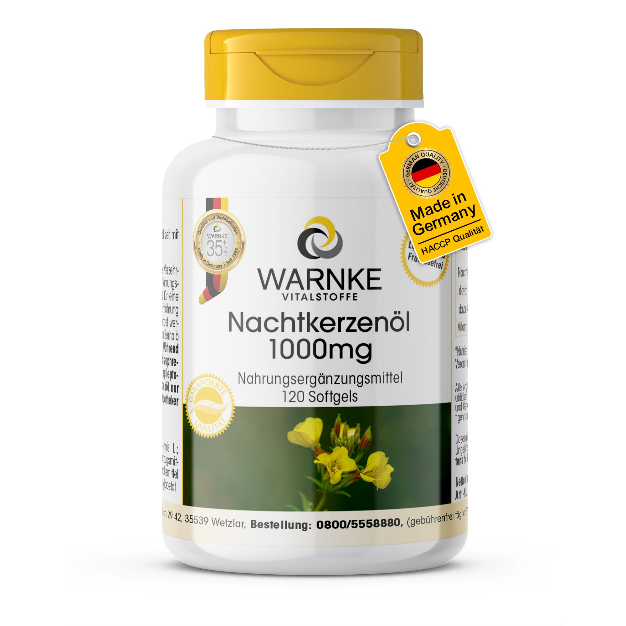 Flacon de gélules blanc avec bouchon jaune. Inscription : Nachtkerzenöl 1000mg. Label : Made in Germany. 120 gélules.