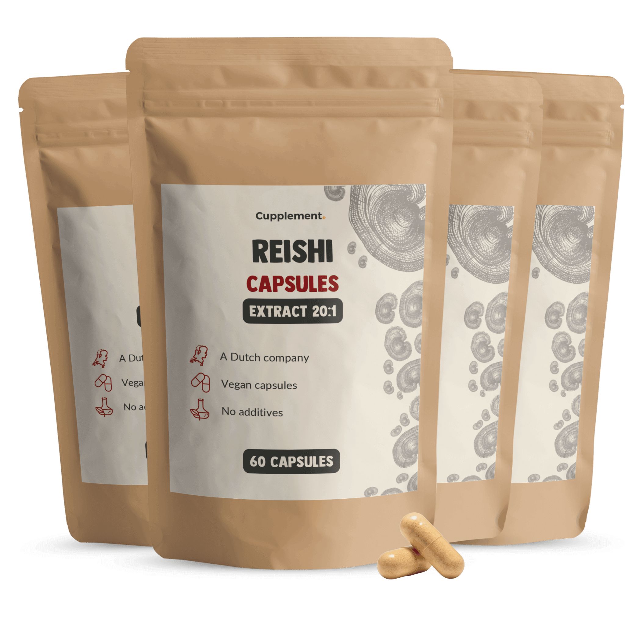 Plusieurs sachets de gélules de Reishi. Inscription: Reishi Capsules Extract 20:1. 60 gélules. Gélules brunes à côté.