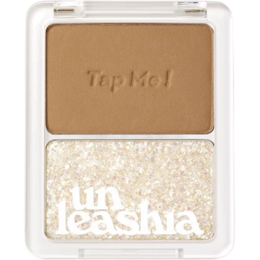 UNLEASHIA Tap Me Palette Duo. Twee zones in een transparante verpakking. Bovenkant mat, onderkant glitter.