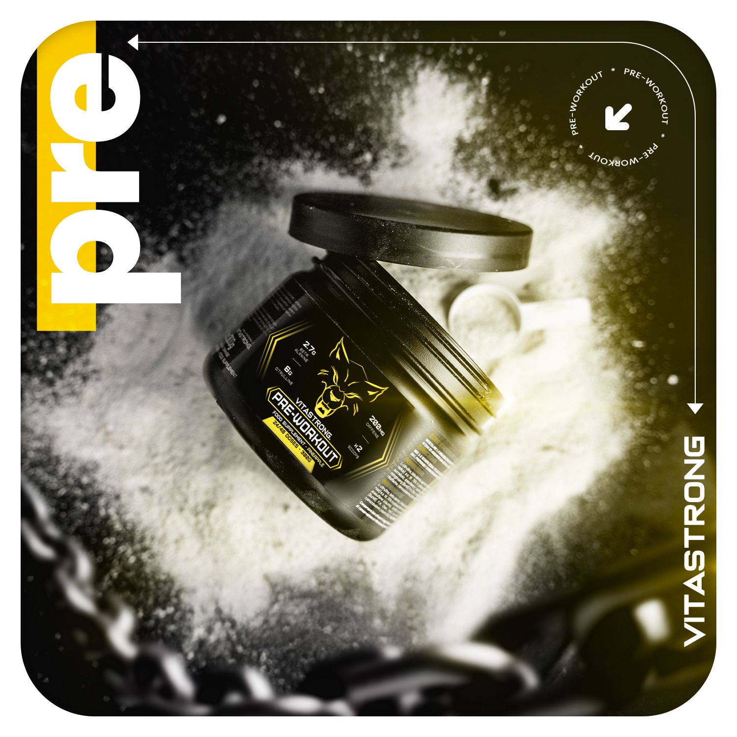 Pot met poeder op poederachtergrond. Tekst: Pre-Workout. Gele accenten. Vitastrong logo.
