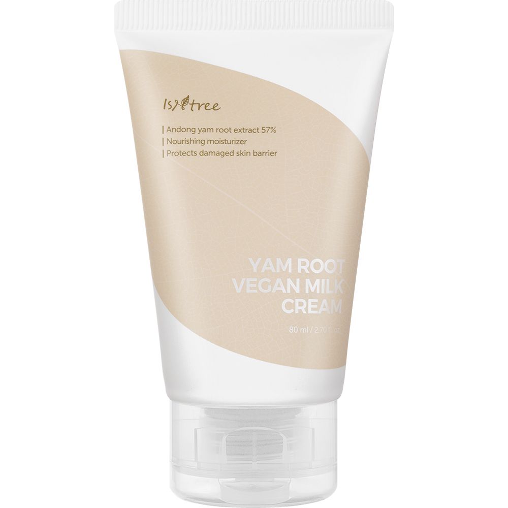 Tube de crème blanc et beige. Texte: Yam Root Vegan Milk Cream. Inscription: ISNTREE.