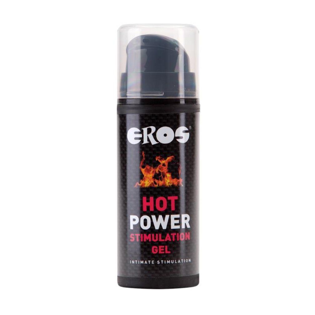Flacon de gel de stimulation Eros Hot Power avec pompe. Texture noire, design flammes.
